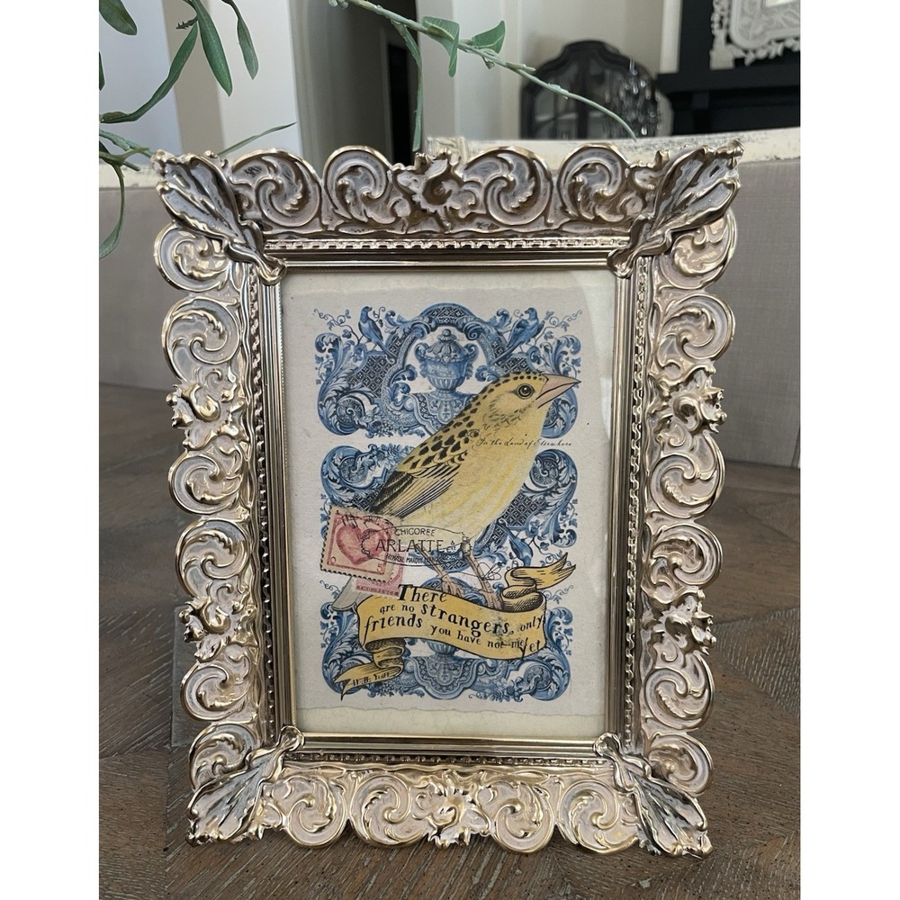 Vtg‎ Photo  Frame Ornate Filigree Metal Gold 5"x7" Easel Bird Banner Print